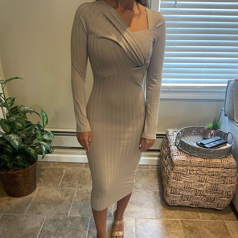ASTR Tan long sleeve midi dress asymmetrical neckline